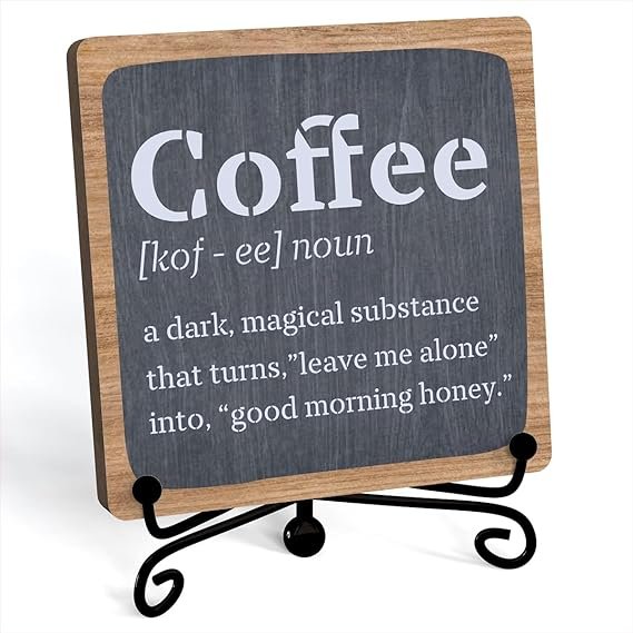 Funny Coffee Signs, Coffee Definition Sign, Funny Coffee Bar Desk Decor, Coffee Signs For Coffee Station, Coffee Shelf Decor, Farmhouse Rustic Wooden Plaque With Stand (C15)