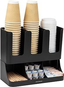 Mind Reader Cup and Condiment Station, Countertop Organizer, Coffee Bar, Kitchen, Stirrers, 13"L x 6.4"W x 11.5"H, Black