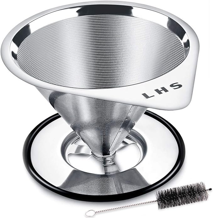 LHS Pour Over Coffee Dripper Stainless Steel Coffee Filter Metal Cone Filter Paperless Reusable Coffee Filter Single Cup Coffee Maker 1-2 Cup With Non-slip Cup Stand and Cleaning Brush