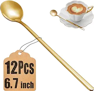 12 Pcs Coffee Spoons Set, 6.7 Inches Gold Tea Spoons Long Handle, Stirring Spoons, Gold Small Teaspoons, Food Grade Stainless Steel Gold Spoons, Long Spoons for Stirring, Gold Metal Espresso Spoons