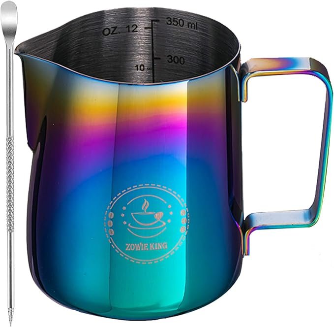 Milk Frothing Pitcher 12oz,Espresso Steaming Pitcher 12oz,Espresso Machine Accessories,Milk Frother Cup 12oz,Milk Coffee Cappuccino Latte Art,Colorful Stainless Steel Jug